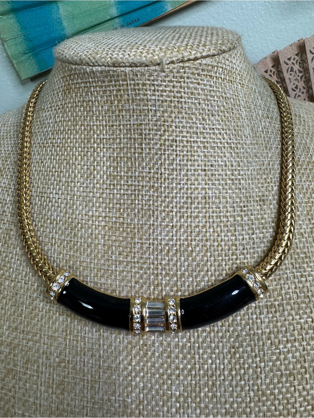 Monet Gold Gilt Choker Necklace with Black Enamel and Crystal Accents 1980โs